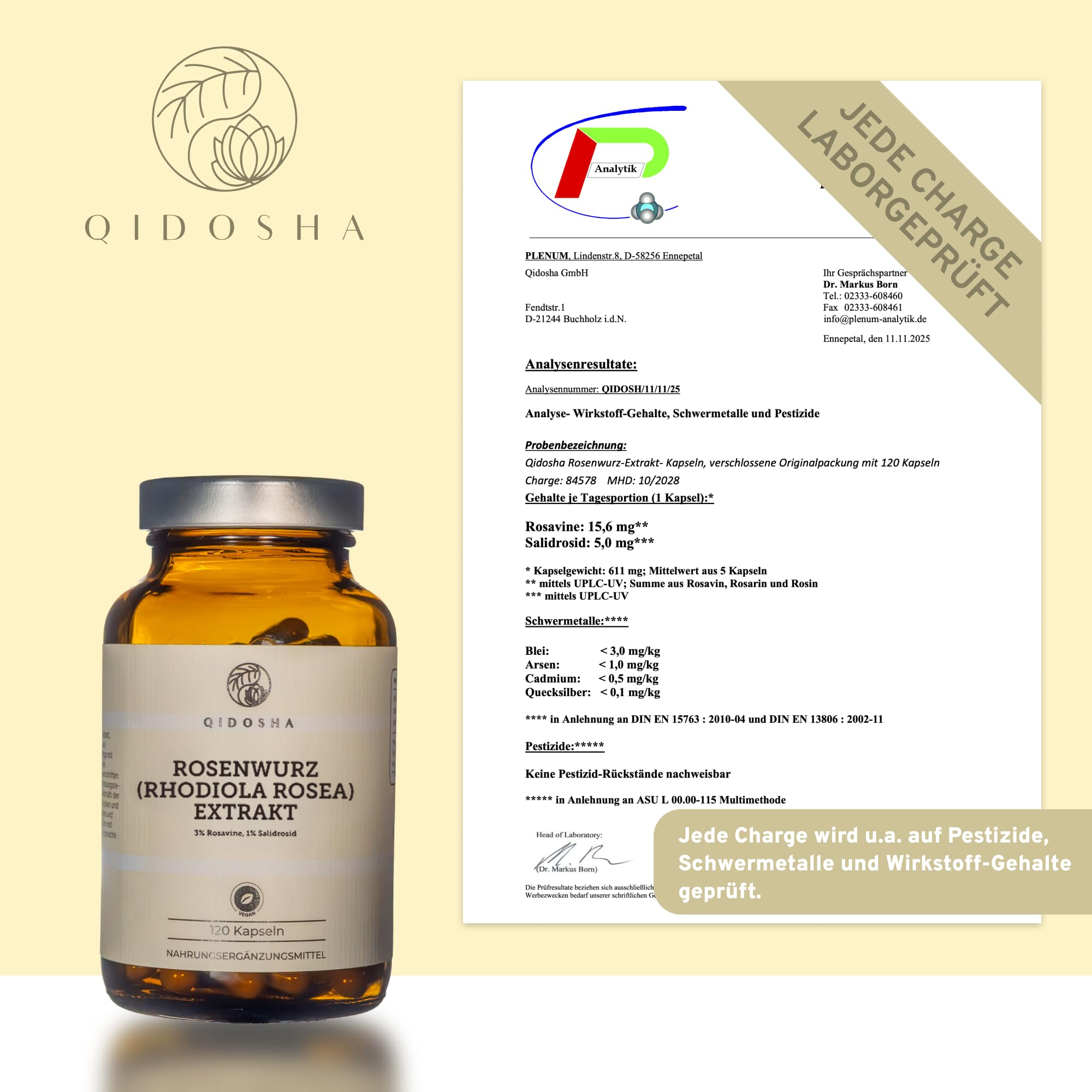 QIDOSHA® Rosenwurz (Rhodiola Rosea) Extrakt, testierter Wirkstoffgehalt, 120 Kapseln im Apothekerglas, jede Charge laborgeprüft, deutsche Fertigung
