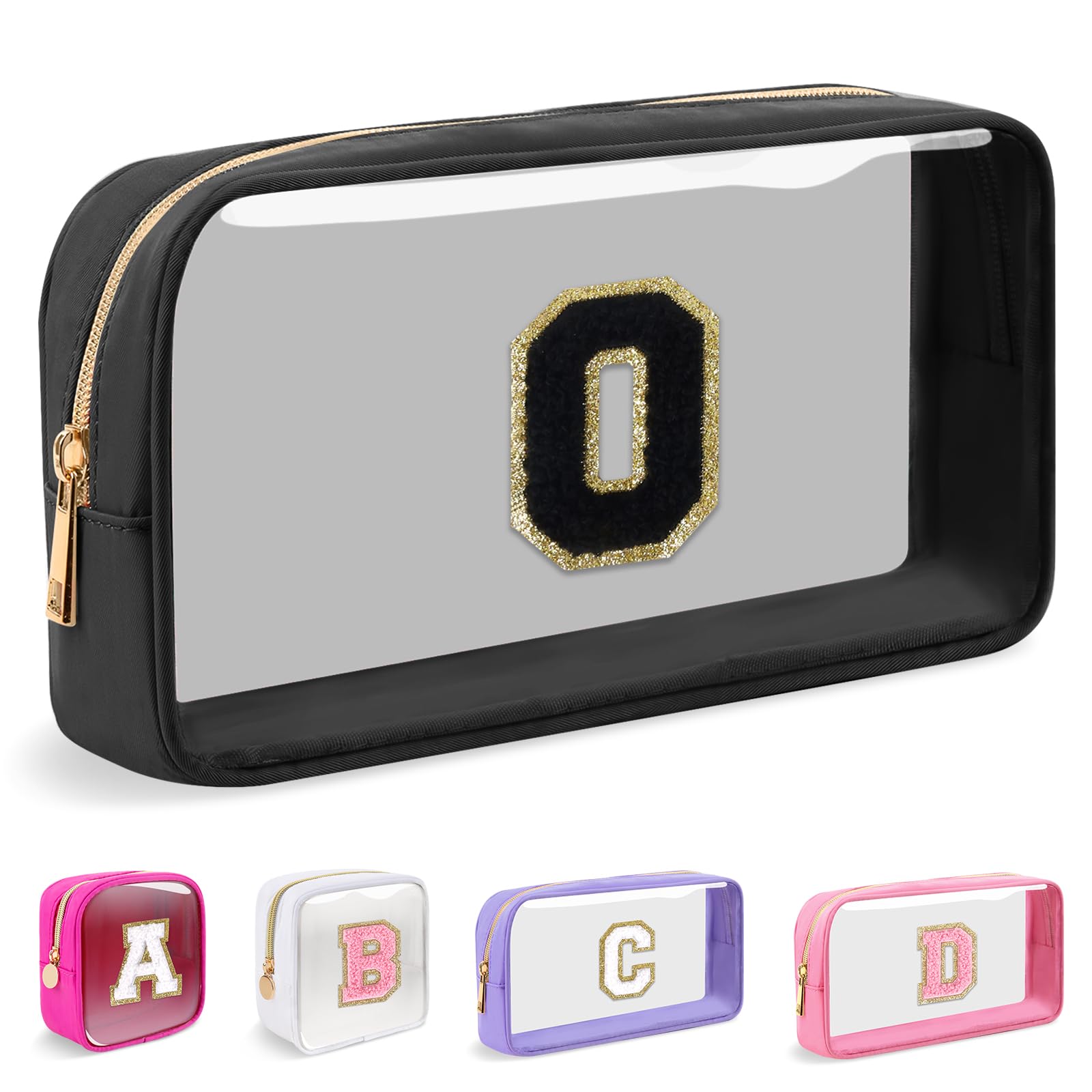 Small Clear Personalized Initial Makeup Bag, Preppy Nylon A-Z Chenille Letter Patch Makeup Organizer TSA Approved Travel Toiletry Bag,Waterproof Zip
