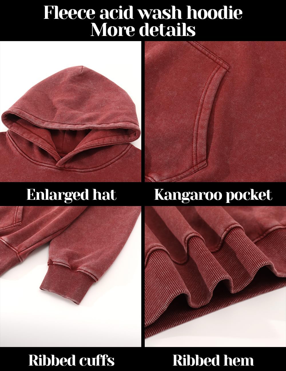 Mens Oversized Acid Wash Hoodies Heavyweight Vintage Washed Fleece Hoodie Sweatshirt for Men Women Streetwear - Image 4