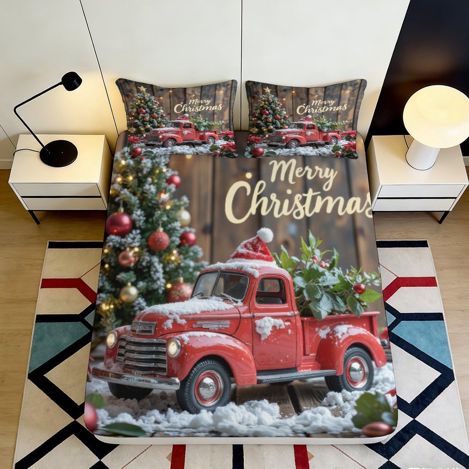 3D Printed Christmas Red Truck Fitted Sheet Microfiber Soft Festive Pine Tree Bed Cover for Bedroom Dorm Decor Mattress Protection 90x200x25cm
