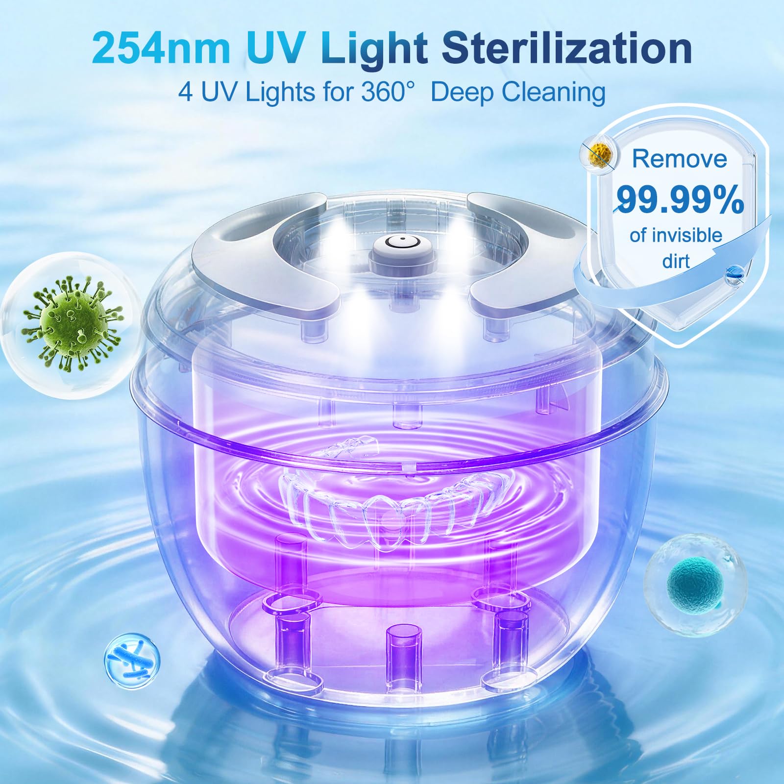 SHINER 45000Hz Pulitore dentale a ultrasuoni Dotato di lampada UV e 4 modalità, pulitore dentale a ultrasuoni da 200 ml, adatto per protesi dentarie, apparecchi di contenzione e gioielli