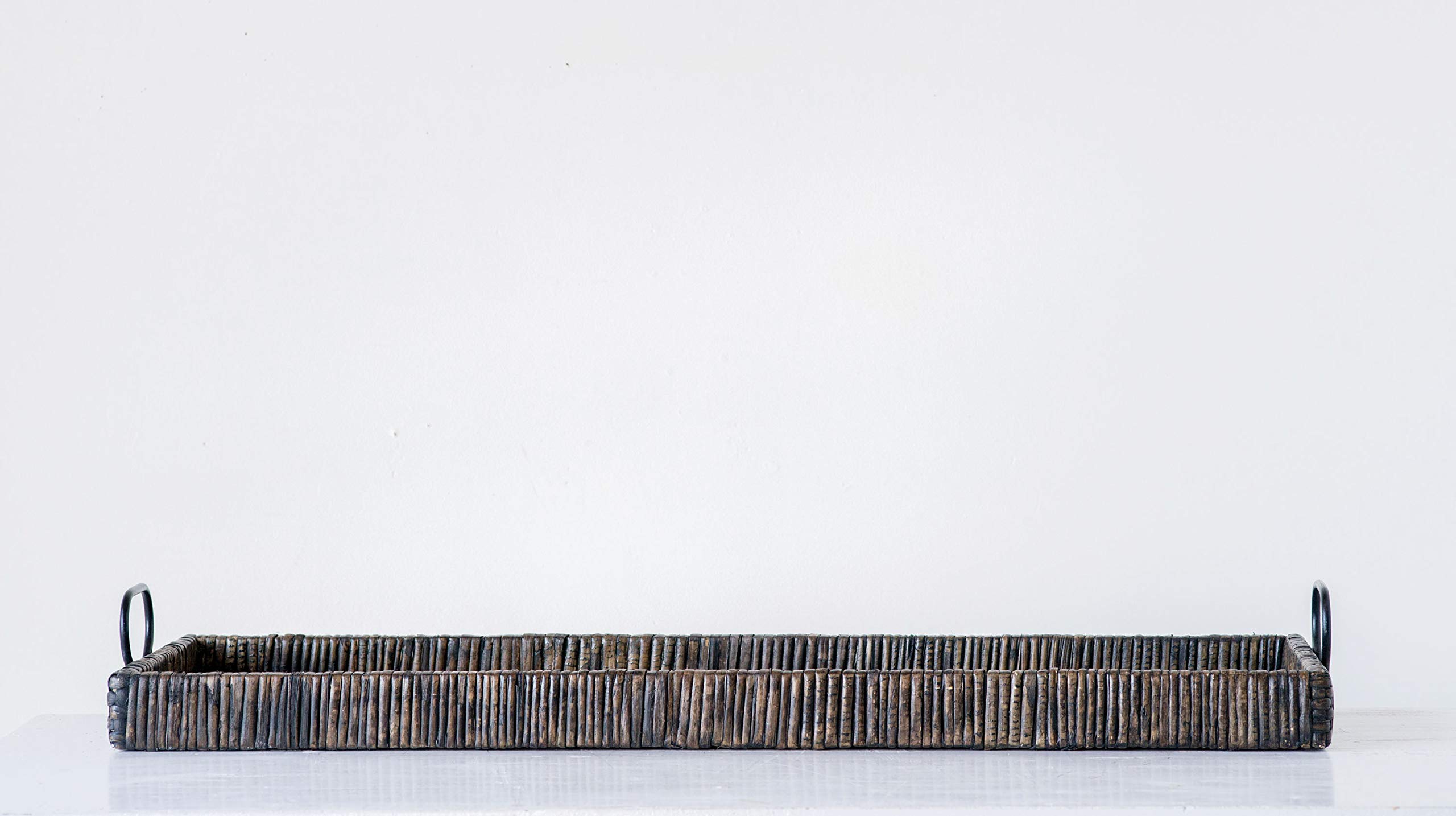 Creative Co-Op Black Rattan & Wood Tray with Handles