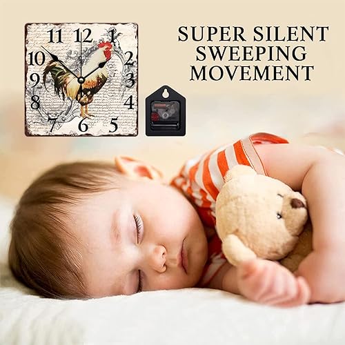 Miniatura 3 de Reloj de pared de madera de 10 pulgadas sin tictac, silencioso, oxidado, de granja, gallo y pollo, cuadrado, reloj de pared clásico de estilo