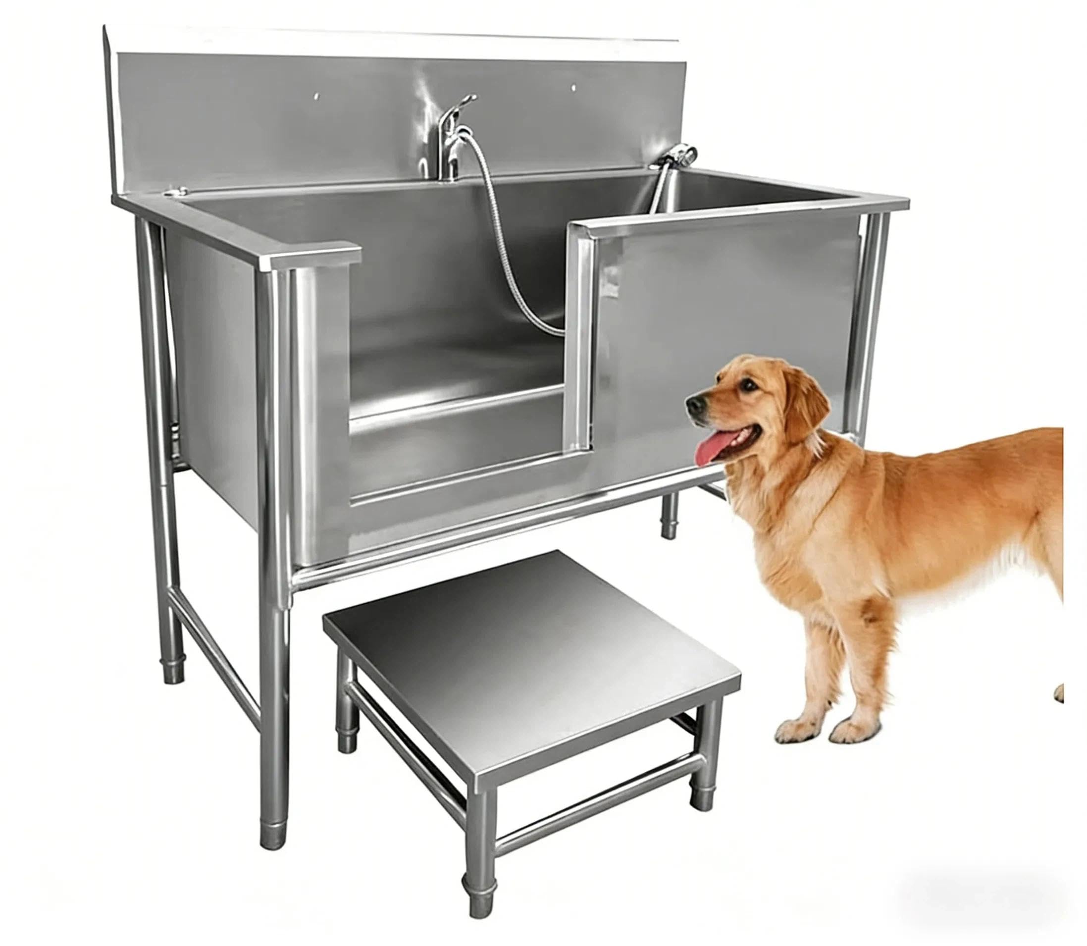 BañEra Para Perros De Acero Inoxidable - EstacióN De Lavado Profesional Para Mascotas, PeluqueríA Canina Y Veterinaria | Incluye Grifo ExtraíBle, Escaleras De Acceso Y Alfombra(100*60*90cm)