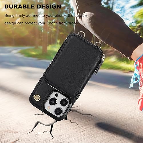 Miniatura 8 de Bocasal Funda tipo cartera cruzada para iPhone 15 Pro, funda de piel con bloqueo RFID y soporte para tarjetas, funda protectora con cremallera y