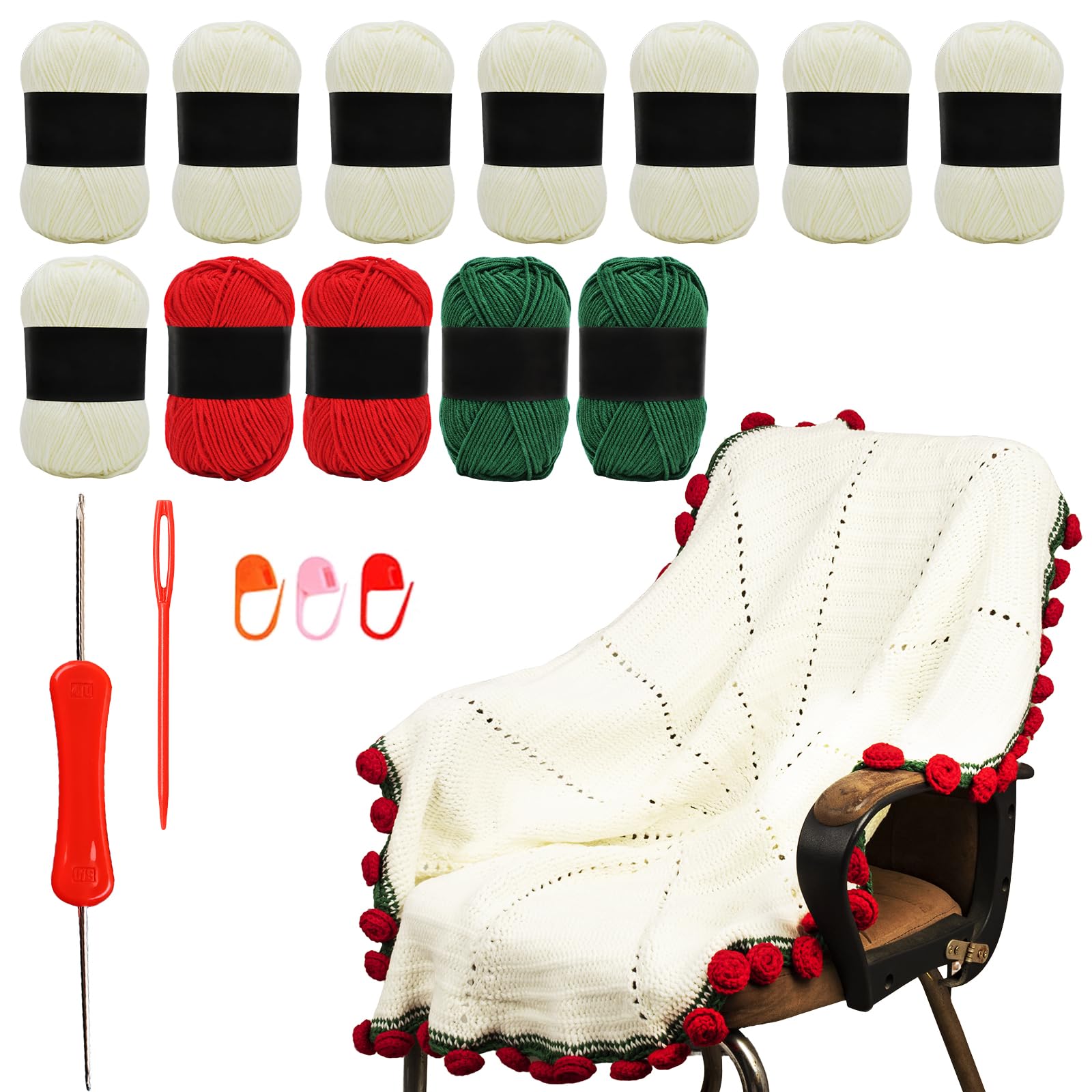 Xisakaca Blumendecken-Set für Anfänger, handgefertigtes Rosenstrauß-Häkelgarn, Zubehör, Strickset für Erwachsene für DIY-Frauen (dunkelrot, Materialpaket 90 cm)