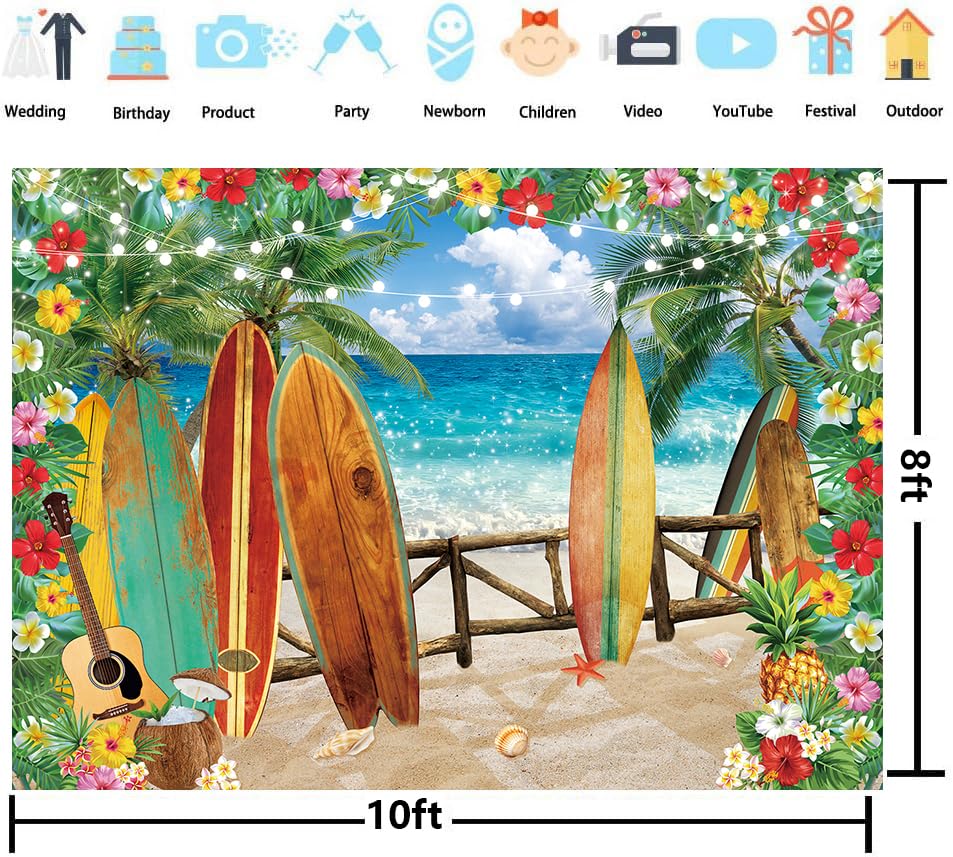 Tropical Hawaiian Beach Backdrop For Photography 8X6FT Seaside Sand Beach Backdrops Jungle Ocean Surfboard Floral Background For Baby Shower Birthday - View #3