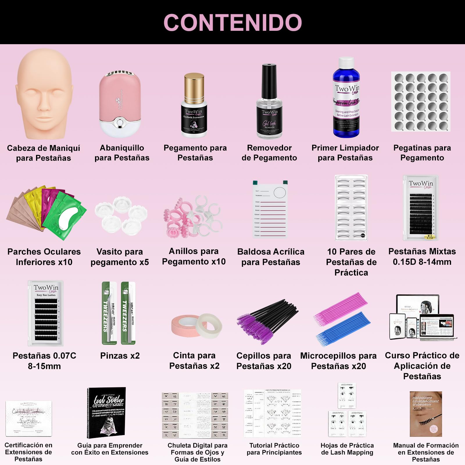 Kit Extensión de Pestañas Profesional Completo - Incluye Maniquí de Práctica Realista, Ventilador USB, Pinzas, Pegamento- Set Ideal para Principiantes y Técnicos de Pestañas