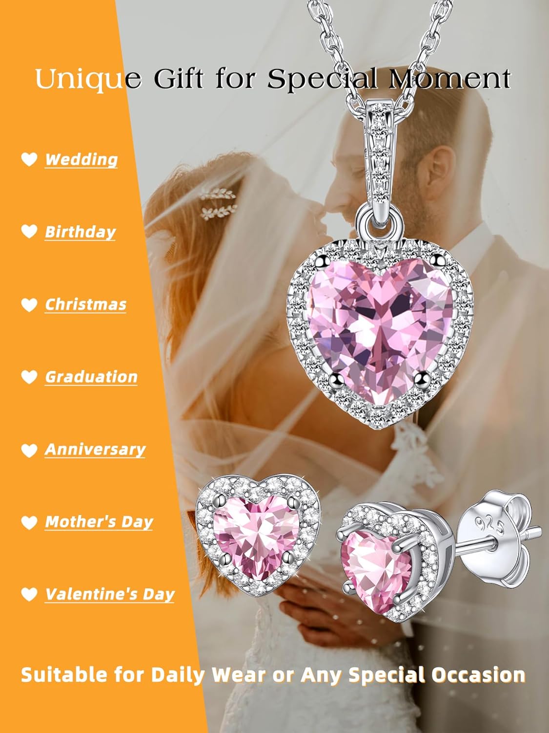 Bestyle Sparkling 925 Sterling Silver Birthstone Necklaces for Women, Created Heart/Round/Teardrop/Square Crystal Solitaire Pendant Diamond Necklace, Great Birthday/Anniversary/Wedding Gifts - Image 7