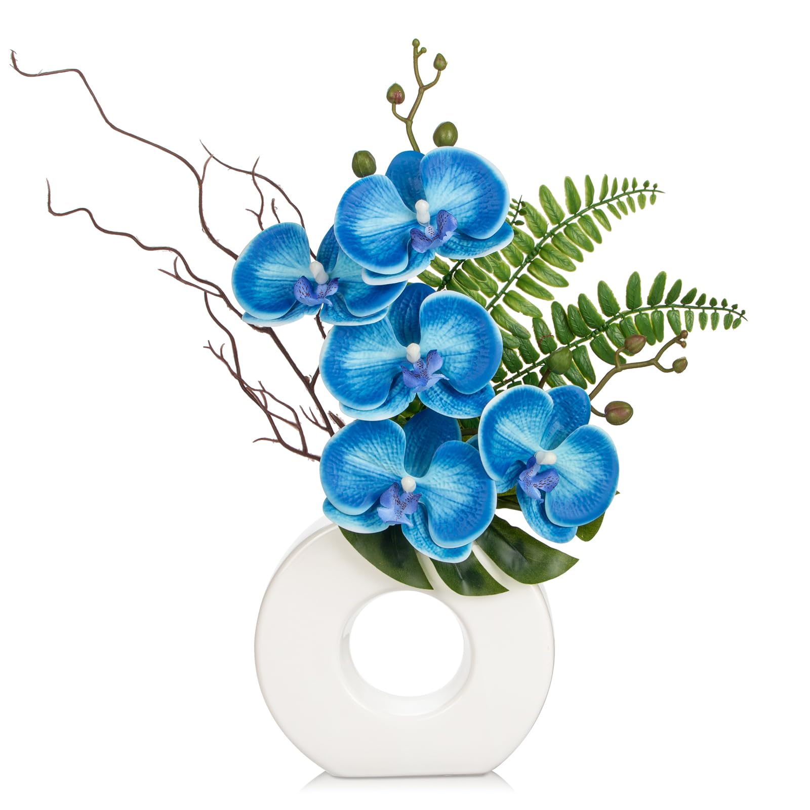 BrifulOrchid Fake Flowers 16.1'' Blue Artificial Orchid Silk Flowers with Vase Faux Orchid Arrangement for Home Office Bathroom Desk Modern Decoration