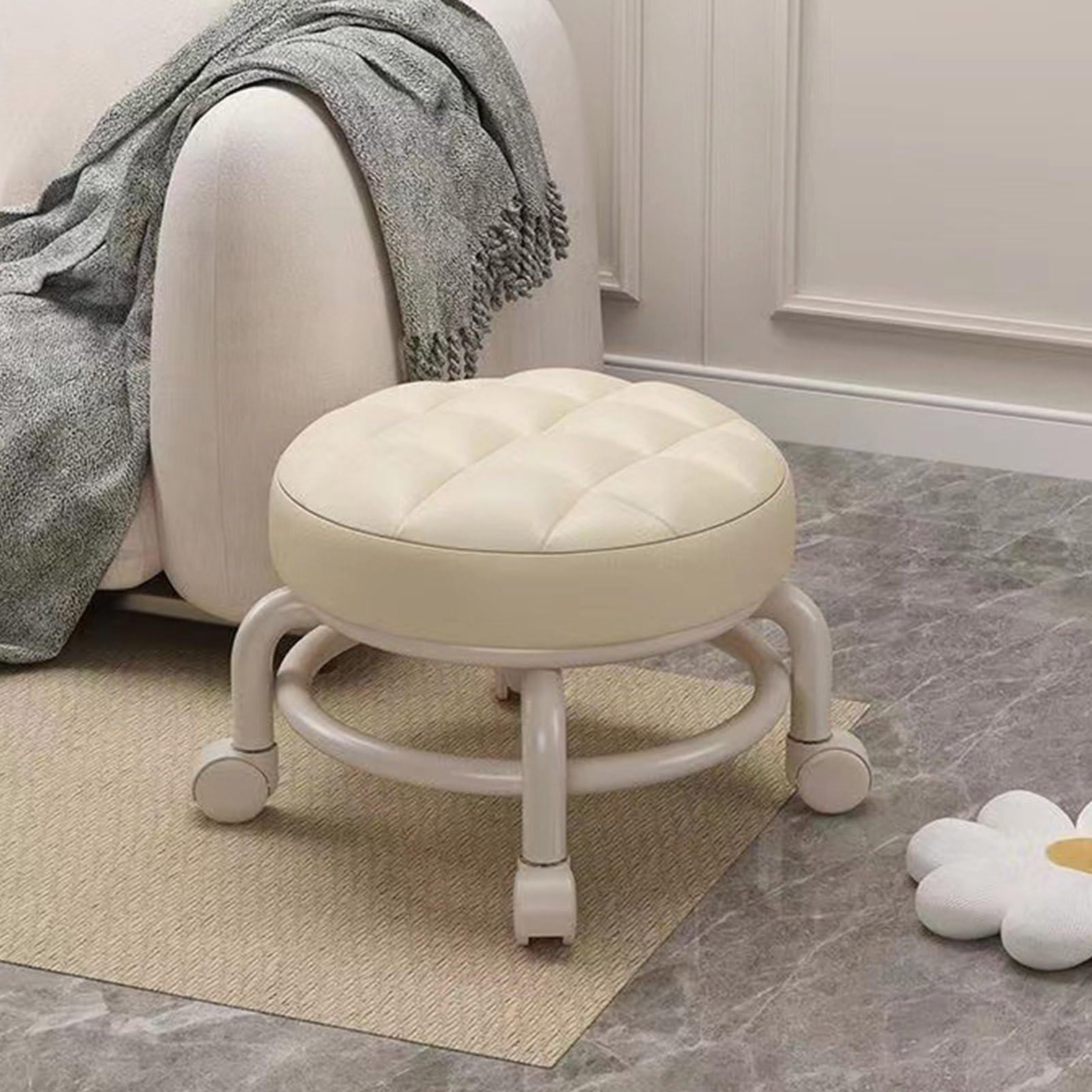 Taburete bajo con Ruedas Cuero PU con Asiento de Esponja Suave Cómodo Diseño Giratorio de 360 ​​Grados para Uso en Casa o para Niños y Adultos