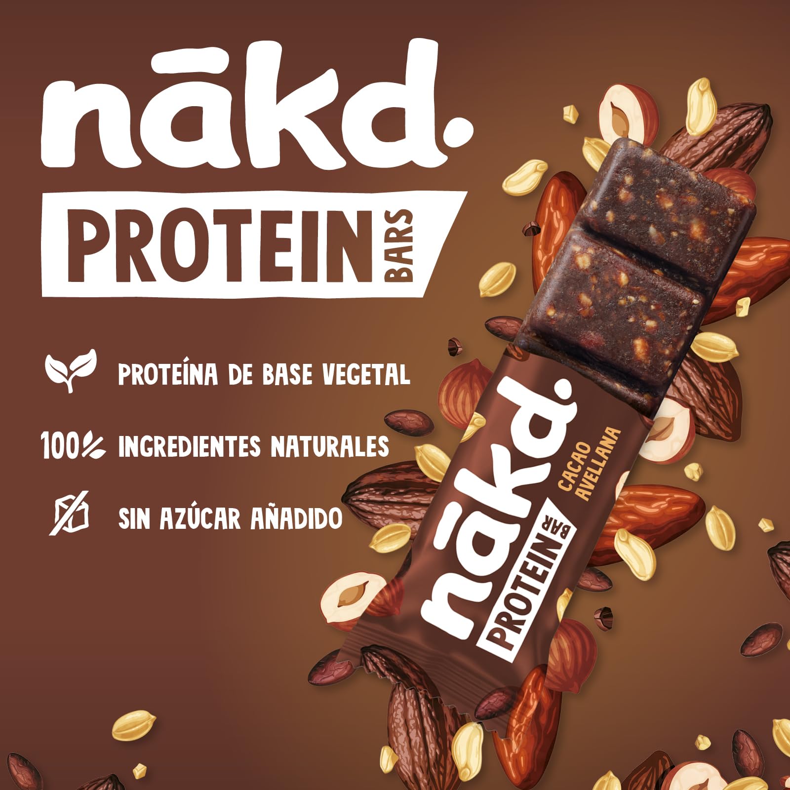Nākd. Protein Cacao Avellana | Barritas Proteícas | 7g de Proteína de Origen Vegetal |100% Ingredientes Naturales | Sin Azúcar Añadido | Vegano | 16 x 45g | 720g - 4