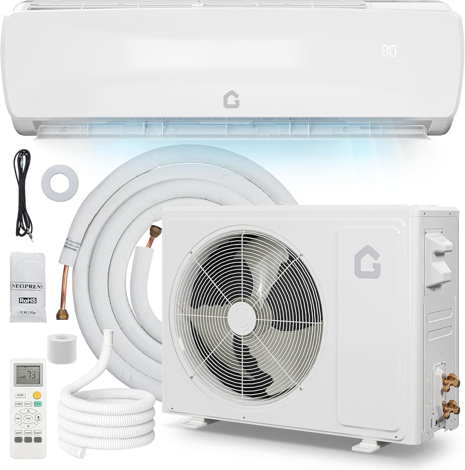 12,000 BTU Ductless Mini Split Air Conditioner with Heat Pump – 115V, 19 SEER2 High Efficiency, Cools & Heats Rooms Up to 750 Sq Ft, Includes Pre-Charged Condenser, Installation Kit and Remote Control