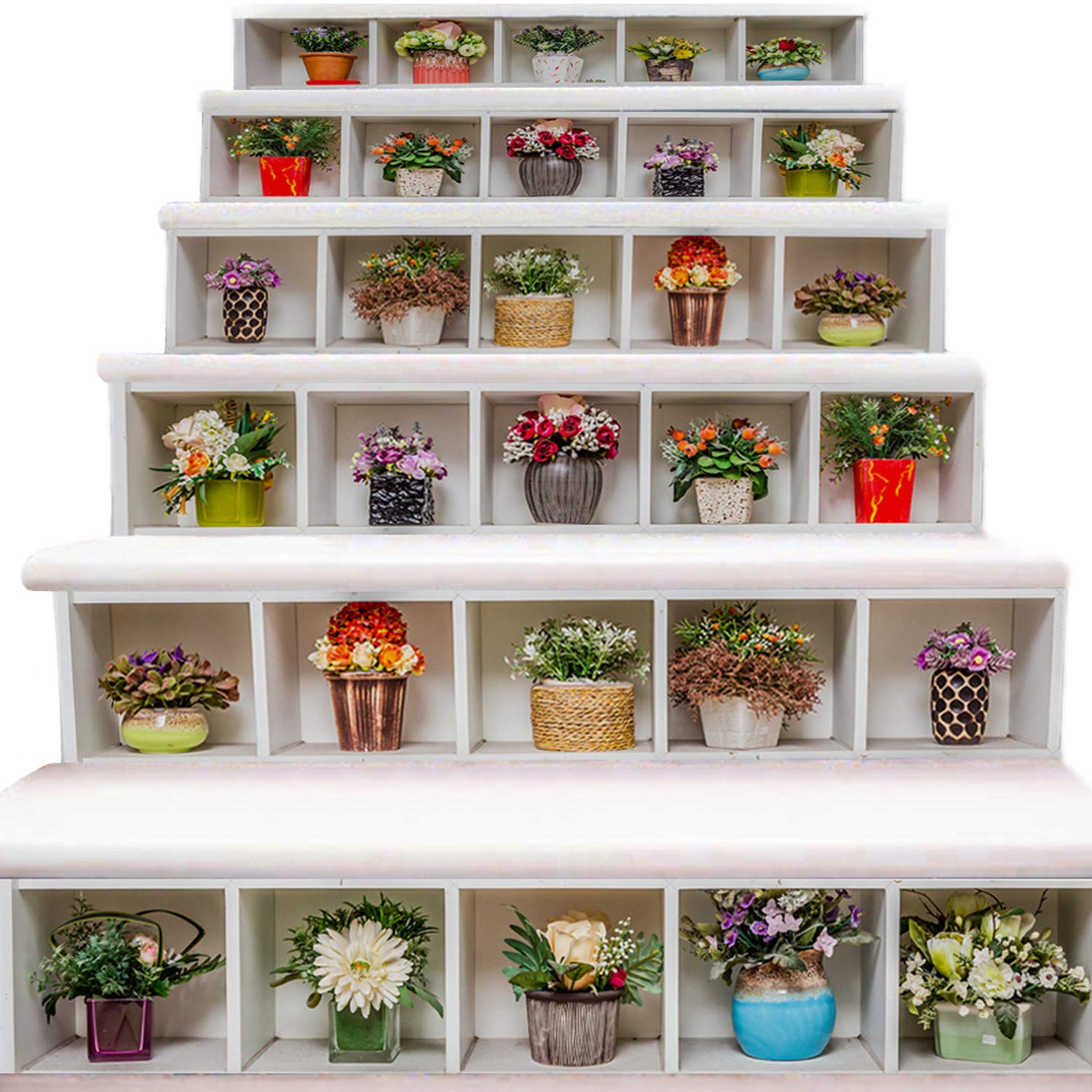 TUOKING6 Strips Stair Stickers, Self-Adhesive Vinyl Staircase Decals, 39.37" L x 7.08" W for 6 Steps, Flowerpots Pattern