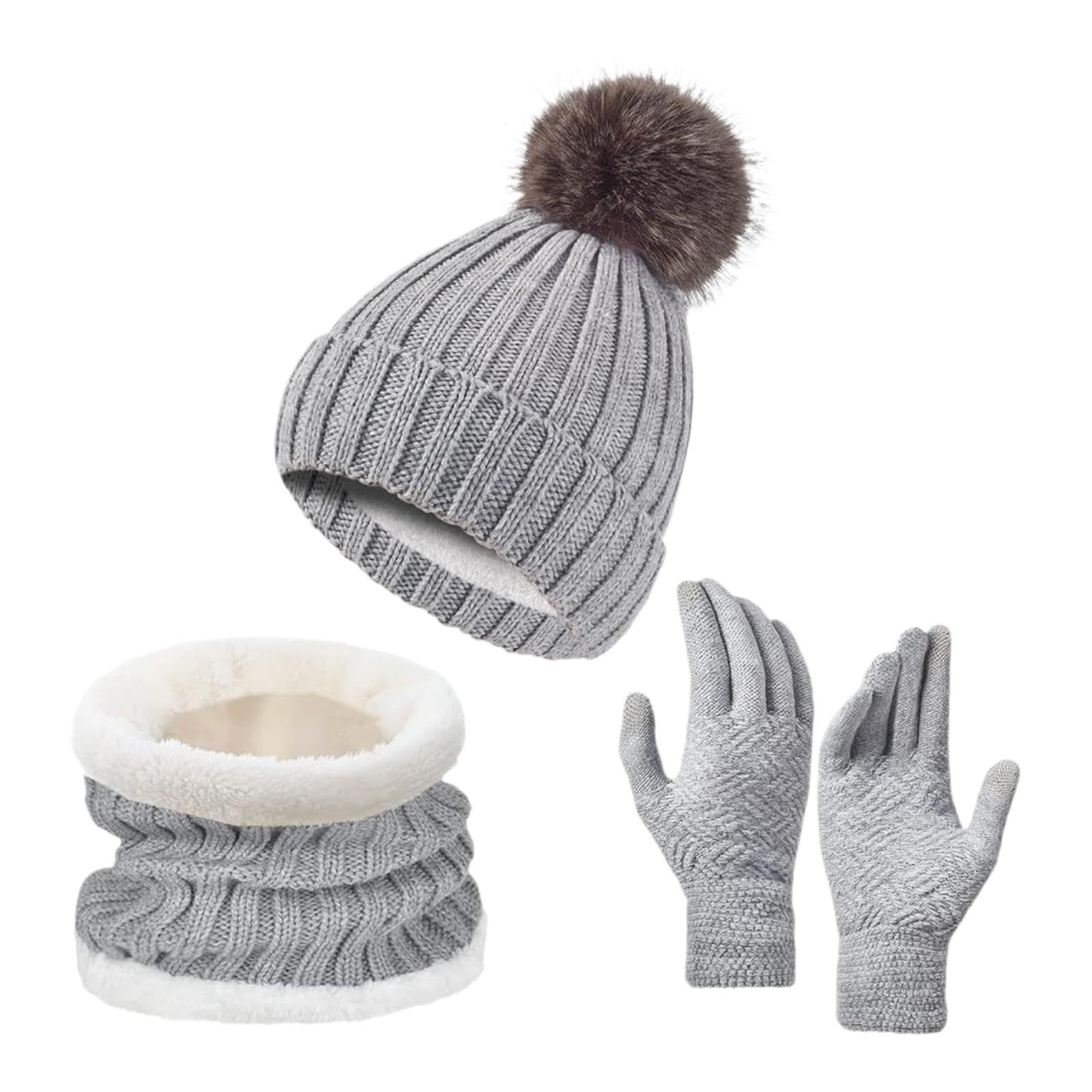 Winter Hat Scarf Gloves Set Winter Cap Neck Warmer for Running Skiing Hiking Gray-image-4