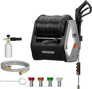 Giraffe Tools Grandfalls Pressure Washer, Max 2900 PSI, 2.2 GPM Electric Wall Mounted Power Washer with 100ft Retractable Pressure Hose, Foam Cannon, 4-Nozzles for Car/Driveways/Patios, Light Silver