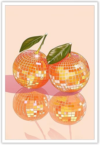 Lienzo de bola de discoteca naranja, arte de pared, póster retro de arte de discoteca, decoración de carrito de bar, impresiones de pintura para el