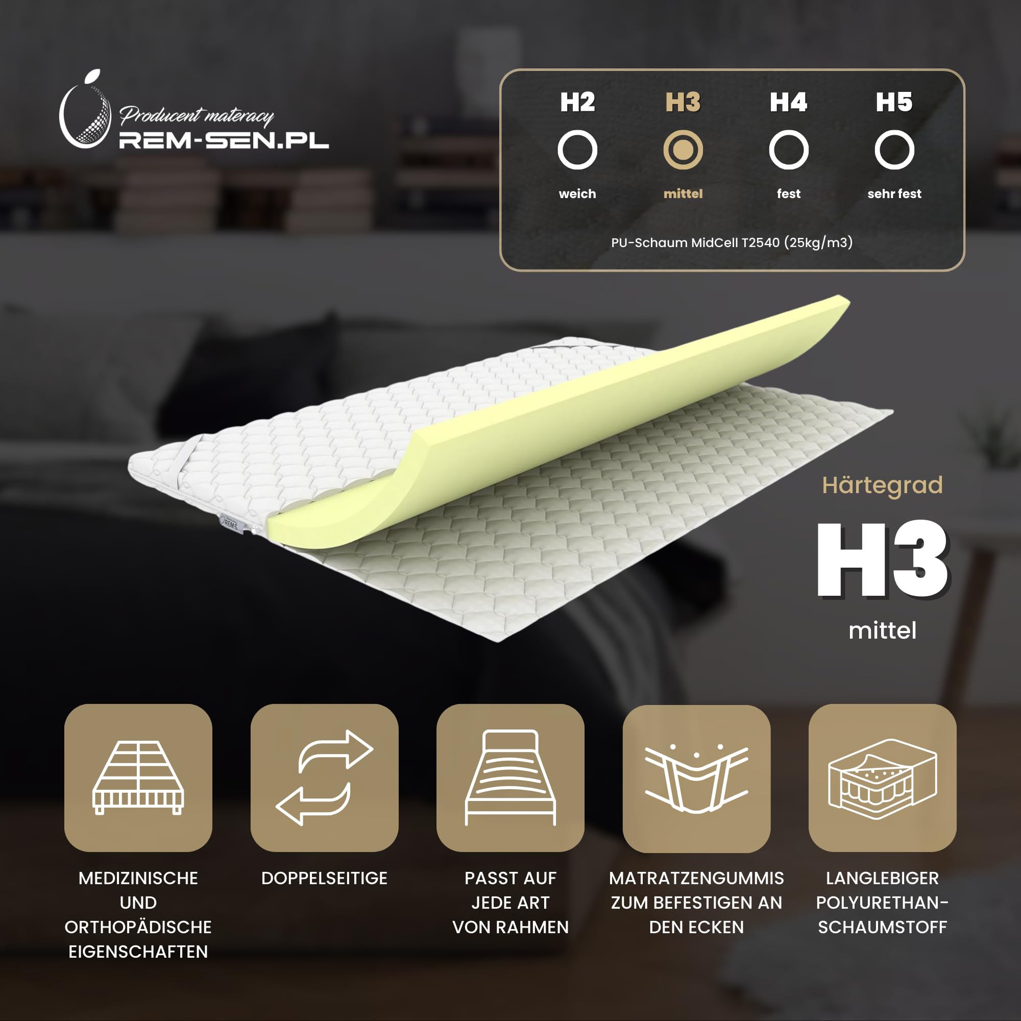 REM-SEN Matratzen Topper Matratzentopper 90x200 cm Höhe 5cm Härtegrad 3 (H3) Mattress Topper aus mittelfeste Polyurethanschaum, Dreilagige Membranhülle, Für Sofa oder jeden Platz, Öko-Tex Zertifiziert