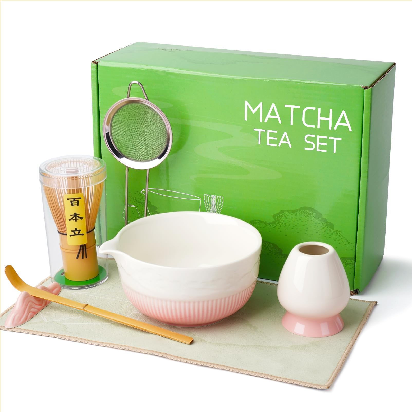 Set Matcha Rose complet avec bol en céramique et fouet en bambou traditionnel