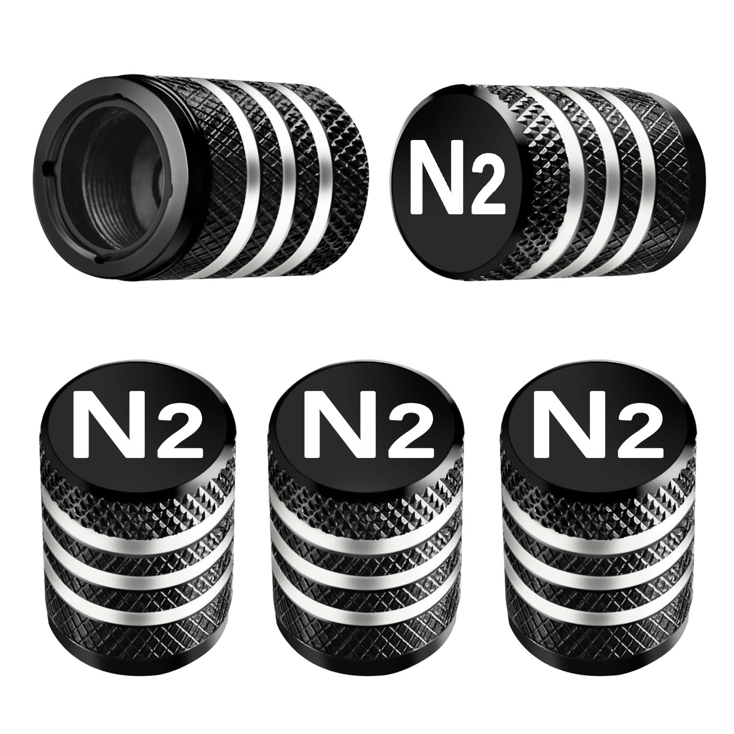 DECURCAR Tire Valve Stem Caps Cover - (5 Pack) Tire Air Cap N2 Nitrogen Metal with Plastic Liner Corrosion Resistant Leak-Proof for Car Truck Motorcycle Bike Black