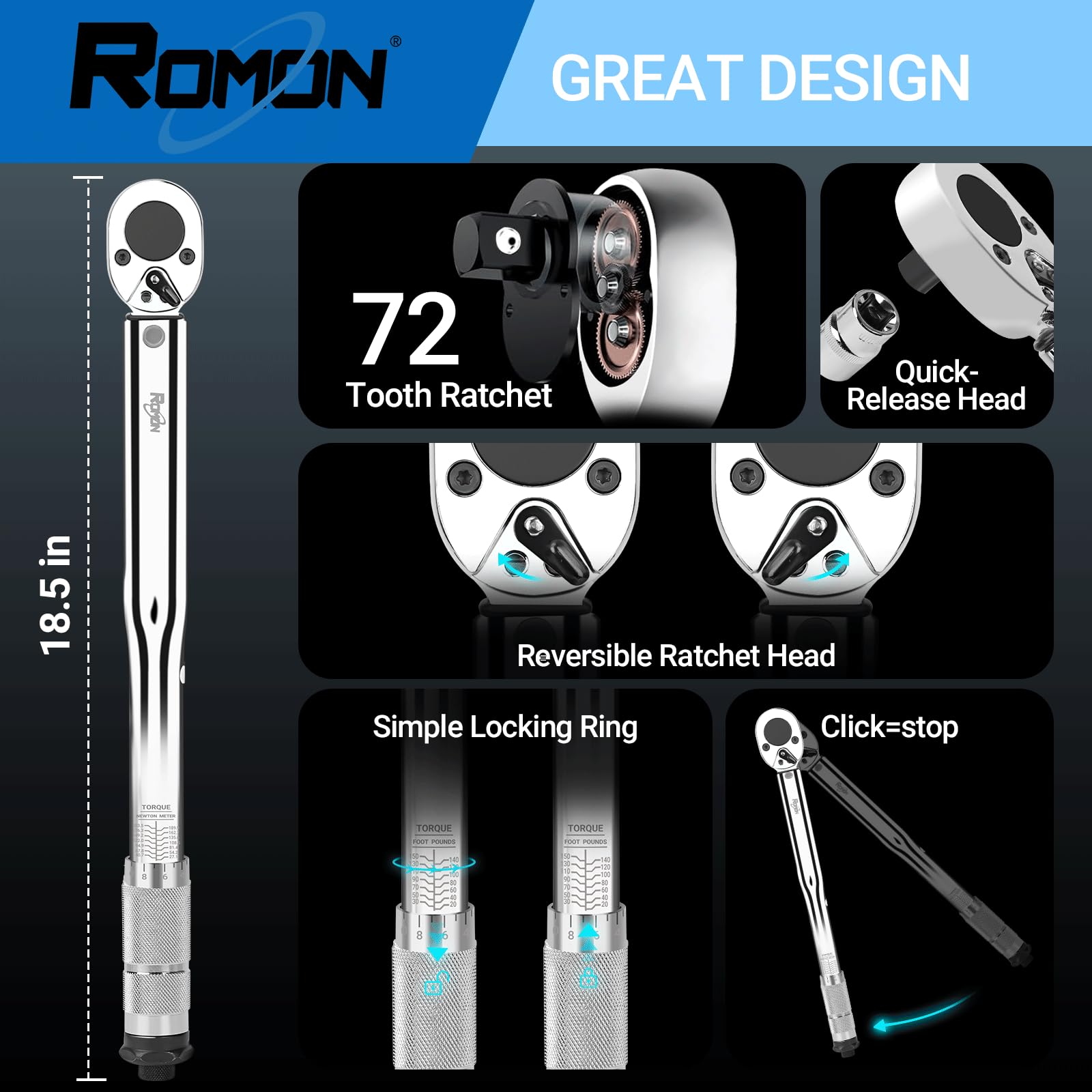 Snapklik.com : Torque Wrench 1/2 Inch, 5 Pcs Drive Click Torque Wrench ...