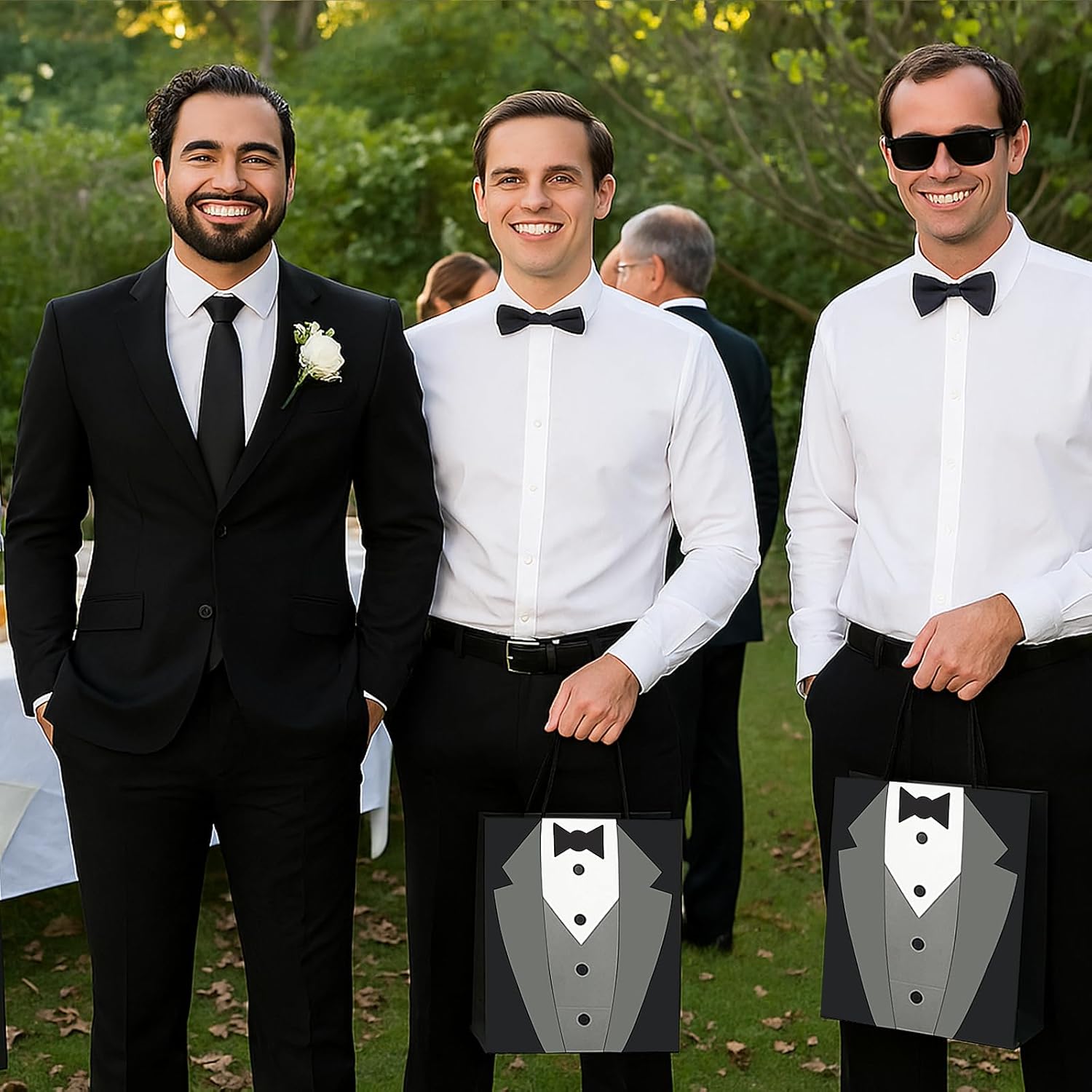 Set 4 Groomsmen Proposal Gifts - Groomsmen Gift Boxes with Leather Bag，Tuxedo Flask, Funnel，Shot Glasse，Poker Card Bottle Openers, Sunglasses, Pen，Bracelet, Card & Gift Bags for Wedding Party