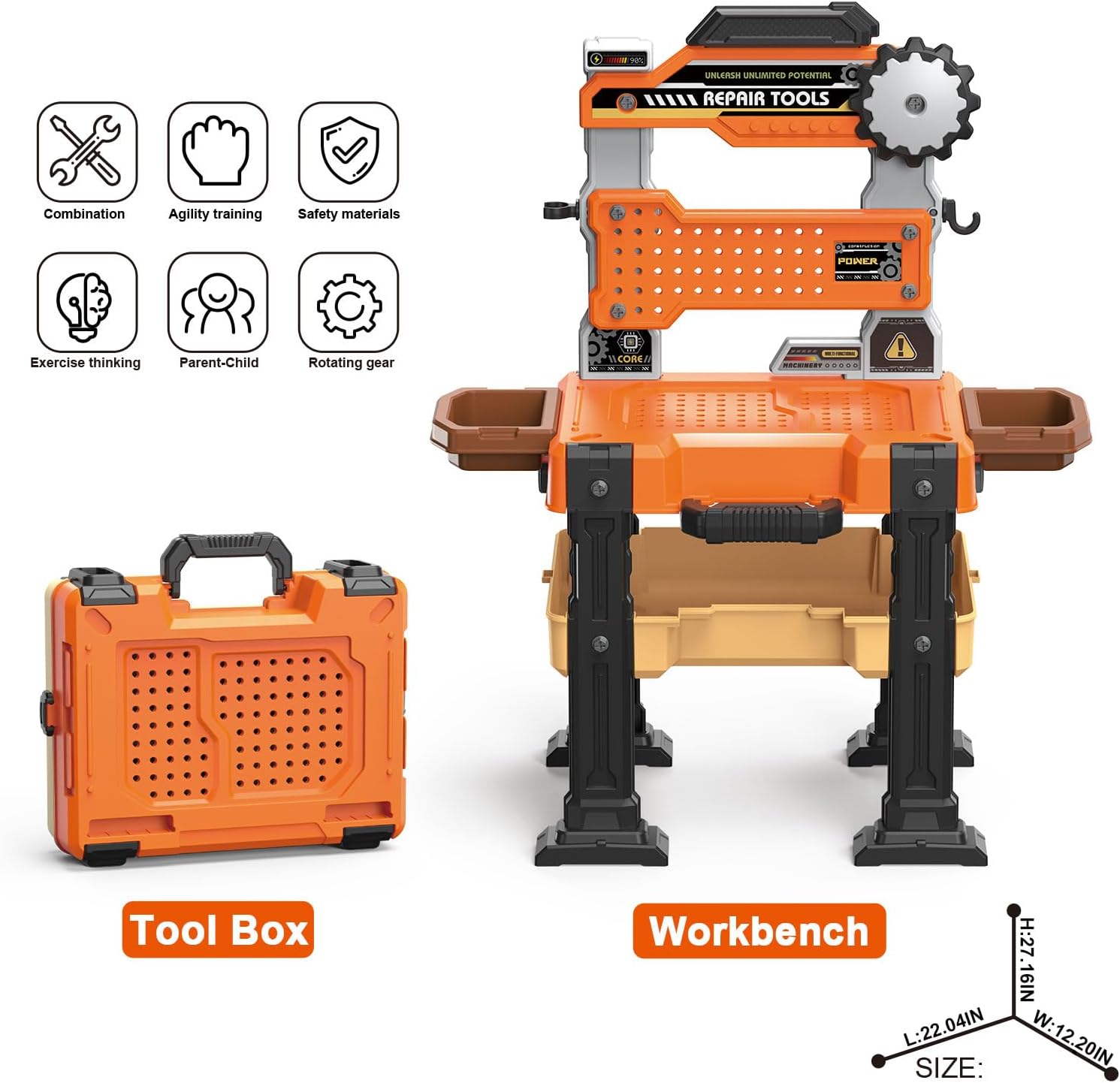 Kids Tool Bench for Toddler Pretend Play Workbench Mechanic Set with Realistic Tools and Electric Drill Spark Creativity and Boost Social Skills