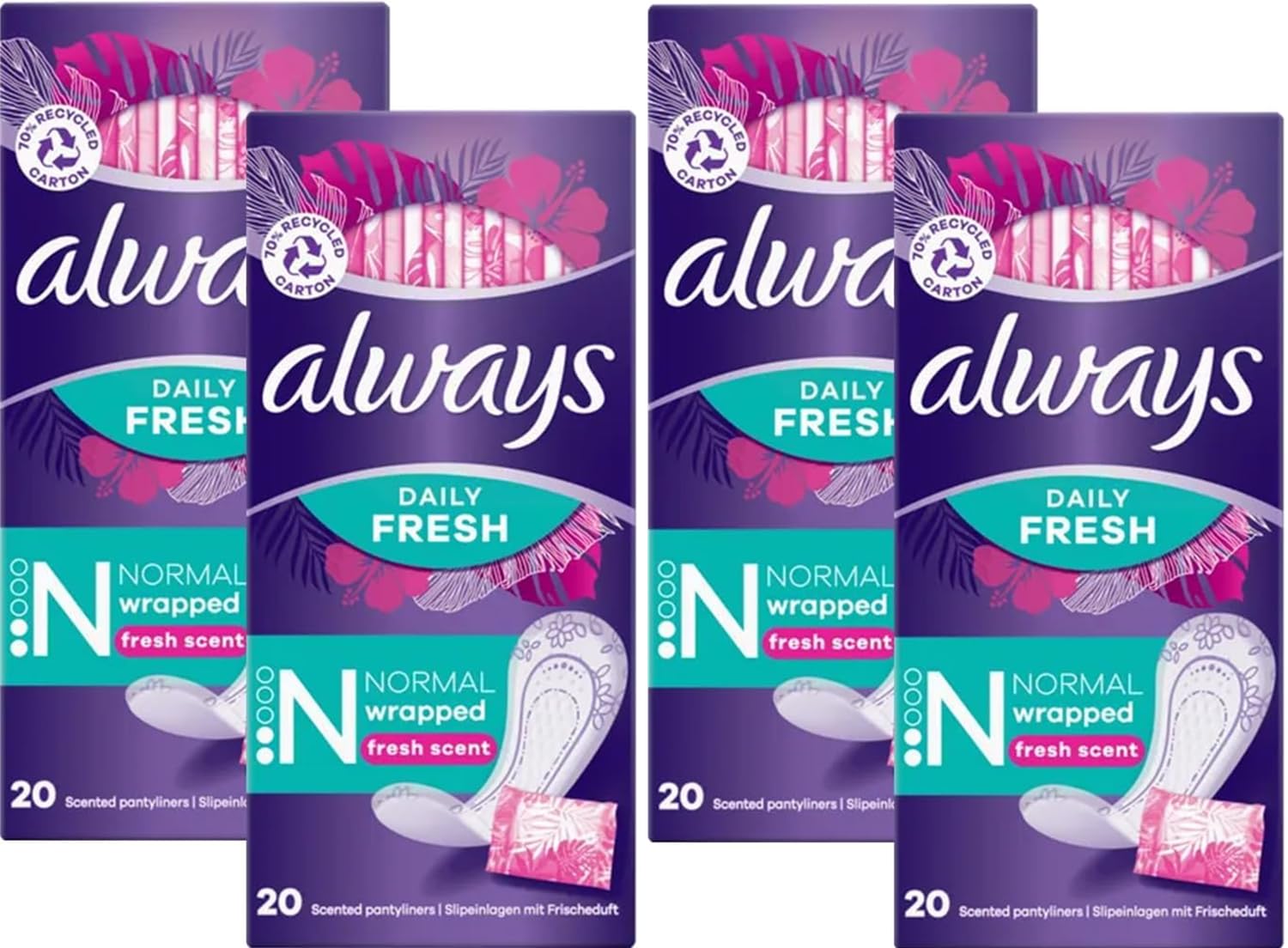 Always Daily Fresh Scented Panty Liners, Normal, Individually Wrapped for On-The-Go Freshness, Comfortable & Reliable Protection, 80 Count (20 x 4 Pack)