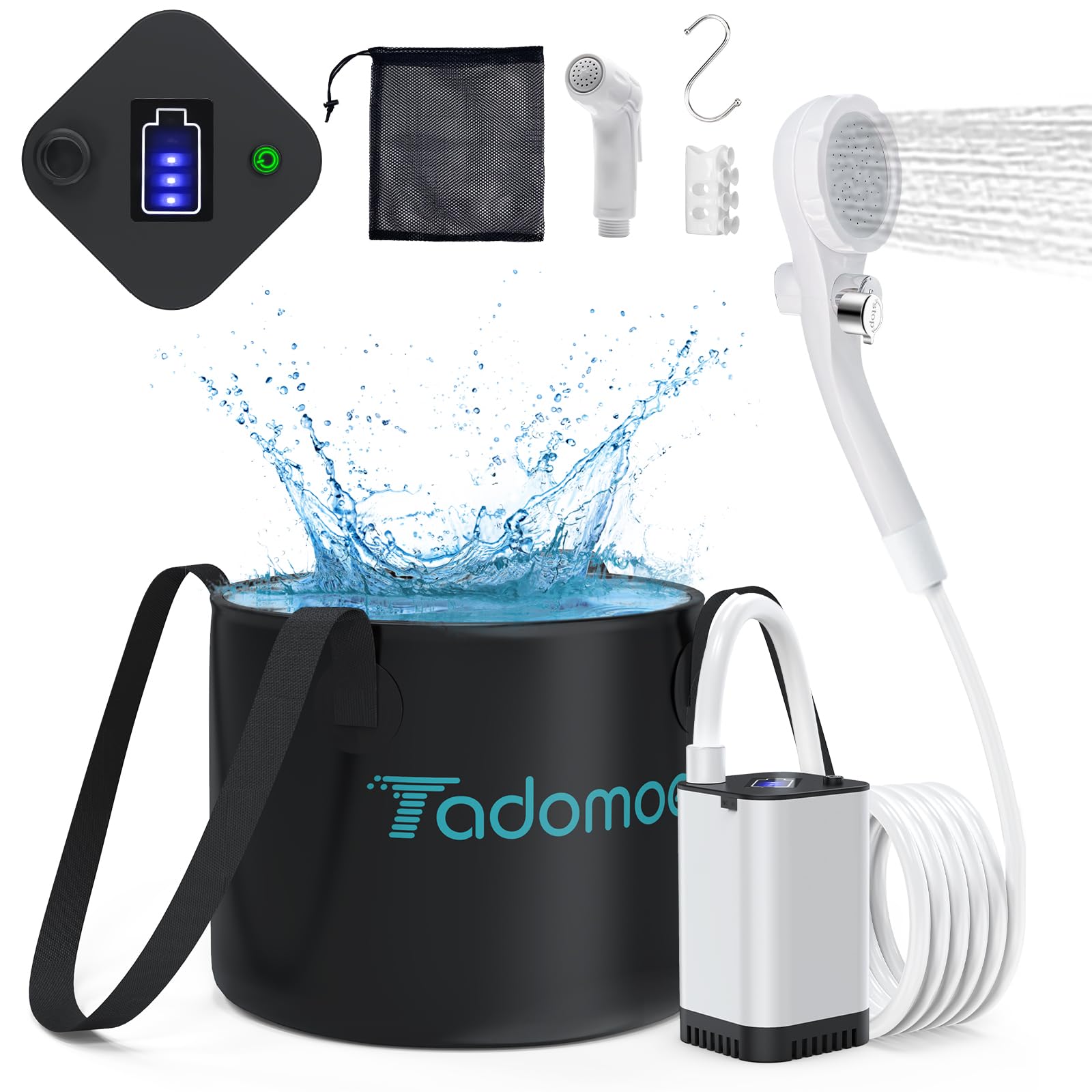 Portable Camping Shower Pump, 5200mAh Rechargeable Battery, 3 Spray Modes Shower Head, LED SOC Indicator, Outdoor Shower for Hiking, RV, Emergency Use