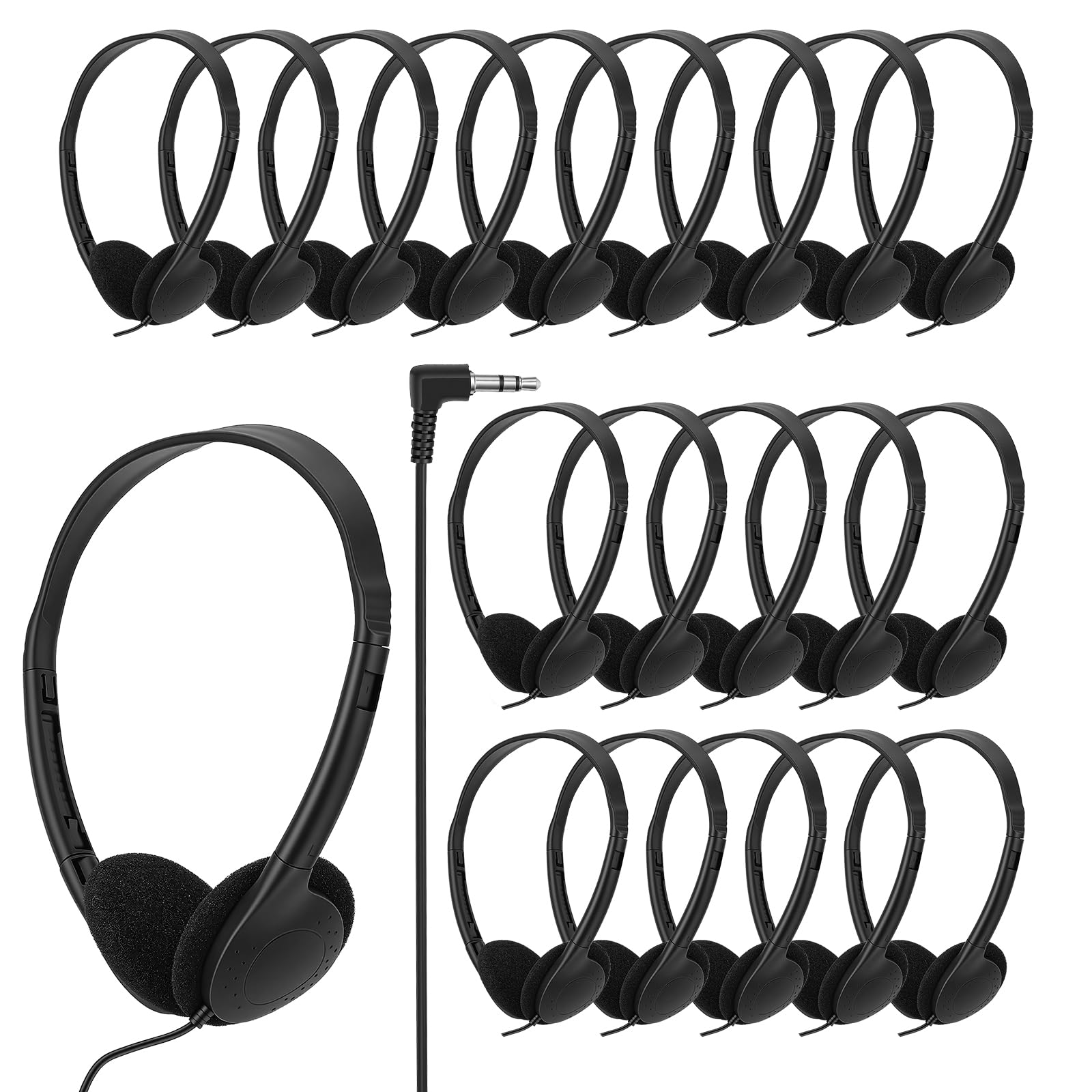 Set 20 Cuffie Scuola Bambini, Cablate con Jack 3,5mm, Pieghevoli | Set da 20, archetto ultra-flessibile infrangibile, regolabile, cavo robusto 1,2m, jack a L 3,5mm. Ideale per aule e PC