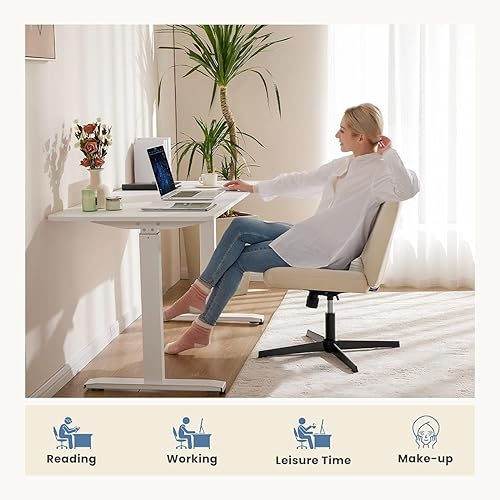 Miniatura 8 de DUMOS Silla de oficina con patas cruzadas, asiento de escritorio ancho sin brazos para oficina en casa, sin ruedas, moderno, giratorio, ajustable,