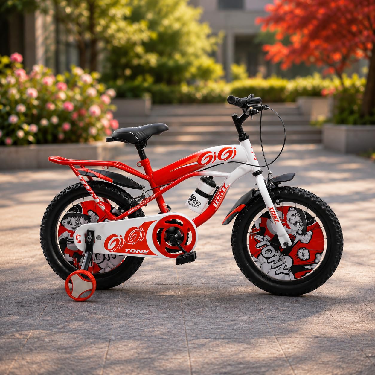 TONY RAW Bicycles Sports Gigi 16T BMX Single Speed Bicycle Cycle for Kids 5 Years to 8 Years Boys & Girls Double Back Seat with Training Side Wheels W...