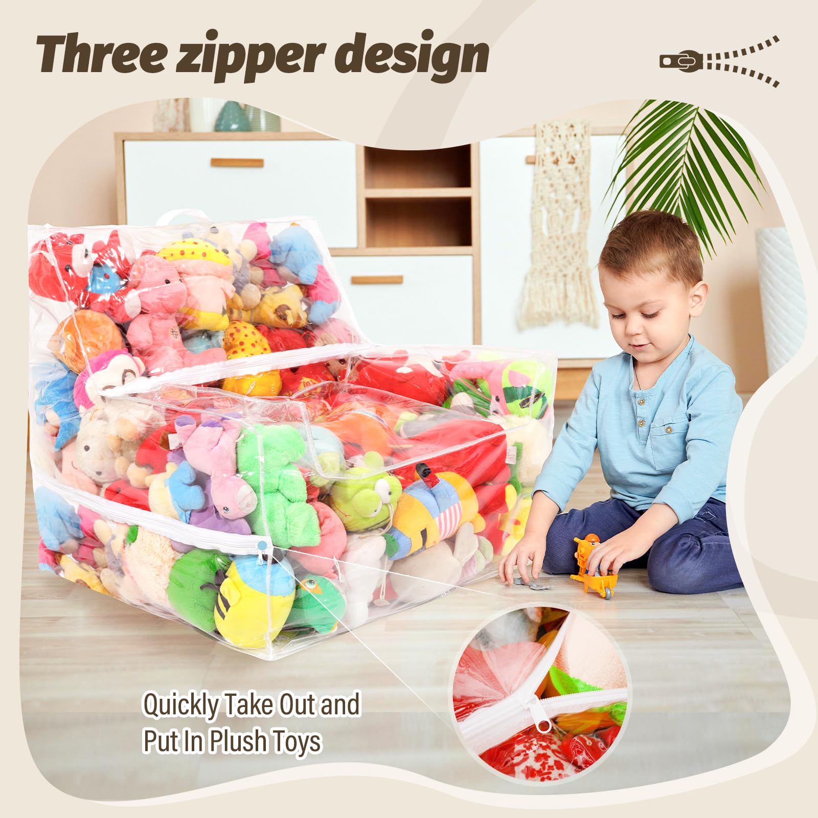 25-inch Clear Bean Bag Chair Cover (No Filler) for Stuffed Animal Storage, 3 Hidden Zippers Toy Organizer, Transparent Material, Plush Storage Toys DIY