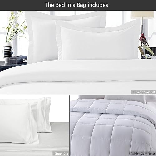 Miniatura 2 de El juego de cama de 8 piezas en una bolsa tamaño King incluye 100% algodón, 300 hilos blanco sólido (juego de sábanas + funda de edredón) + edredón