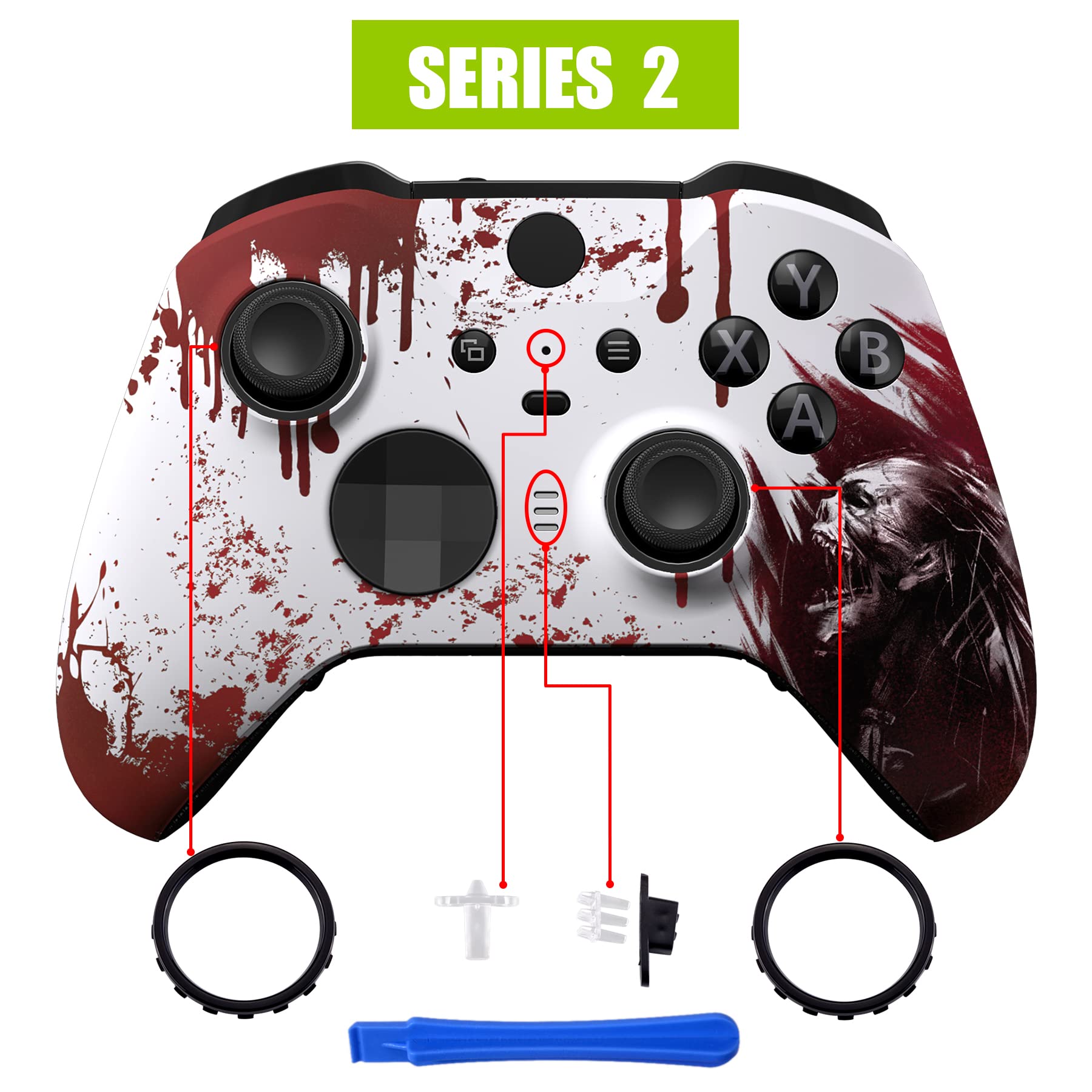 eXtremeRate Coque avant de boîtier pour Xbox One Elite Series 2, plaque frontale personnalisée avec anneaux d'accentuation pour manette Xbox Elite 2 Core (modèle 1797) - Blood Zombie