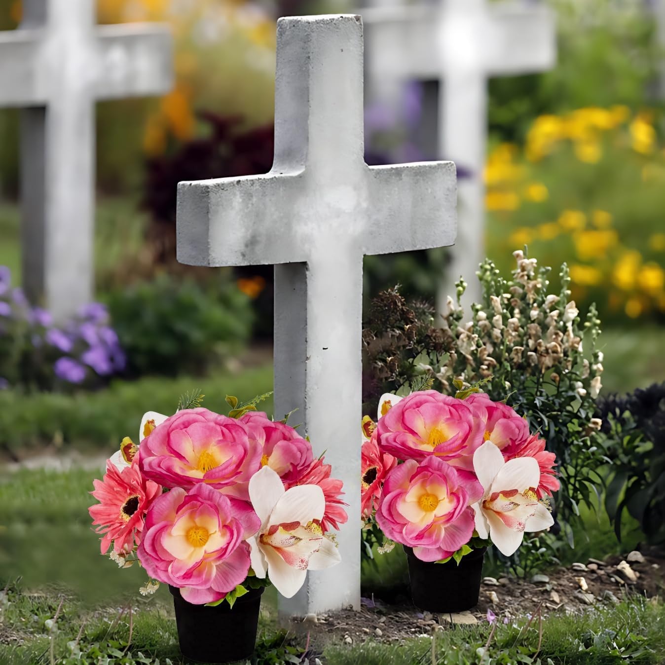 Hollyone 2Pcs Artificial Cemetery Flowers for Grave in Vase Silk Rose Lily Flower Arrangements Cemetery Decorations Memorial Flowers with Pot for Outdoor Headstones Decoration Pink