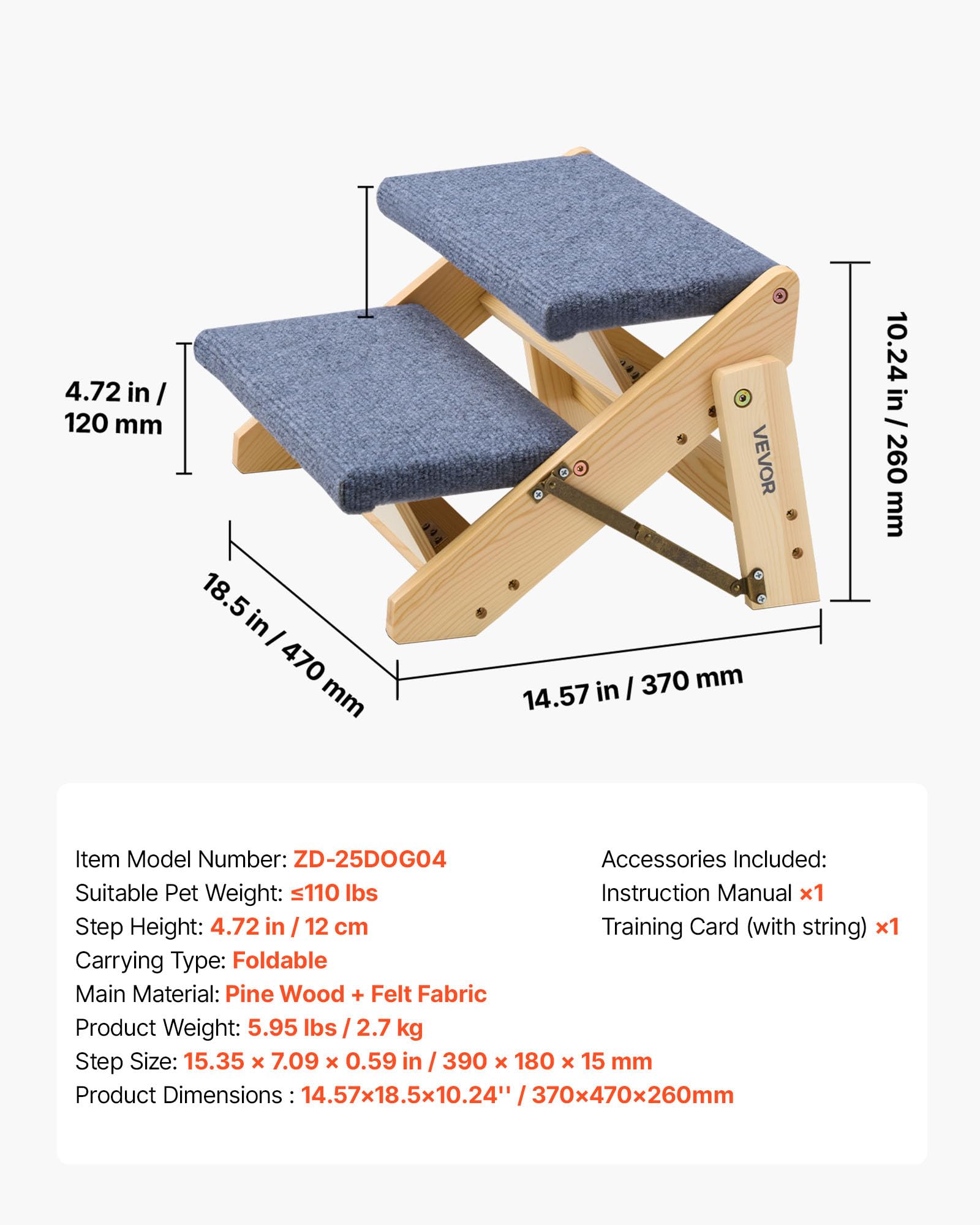 VEVOR Escalera de Madera para Mascotas, 2 Peldaños, para Camas, Sofás y Coches, Carga 50 kg, Plano y Plegable, Estable y Resistente, para Mascotas Pequeñas, Medianas y Grandes, 370 x 470 x 260 mm