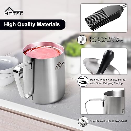 Miniatura 2 de HOTEC Olla de acero inoxidable 304 con cepillo, cepillos de silicona para parrilla de barbacoa para aceite de salsa, 36 oz