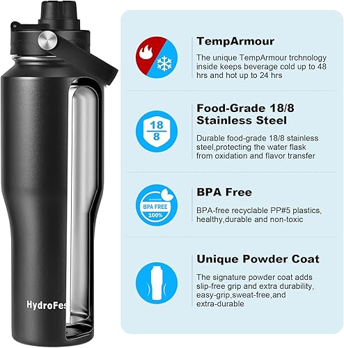 Miniatura 4 de Botella de agua de acero inoxidable de 32 onzas con tapa con pajilla, botella de agua negra aislada al vacío, botella de agua para niños, doble