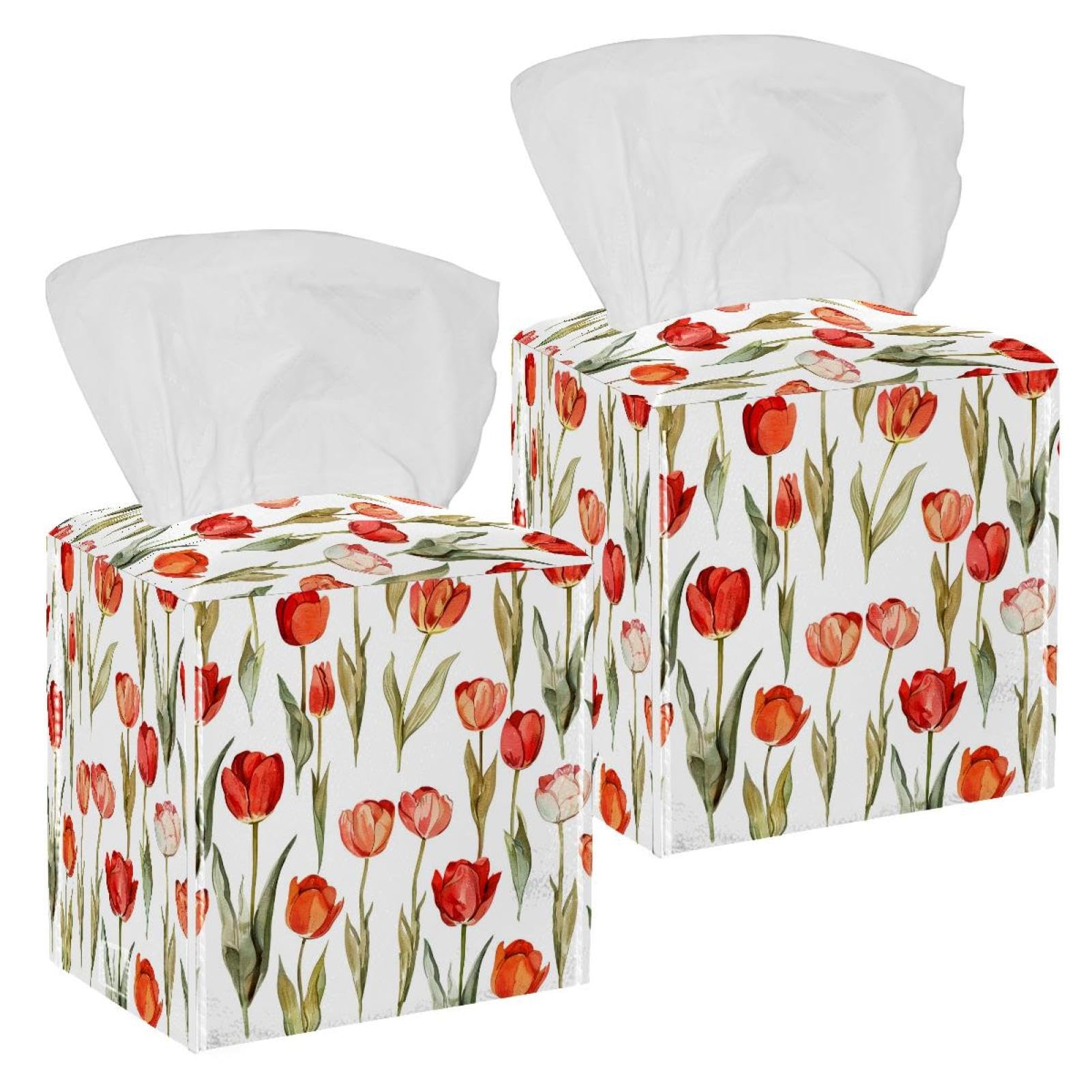 Tulip Painted Tissue Box Cover, 2 Pack PU Leather Square Facial Tissue Dispenser Box holder for Home Office Car