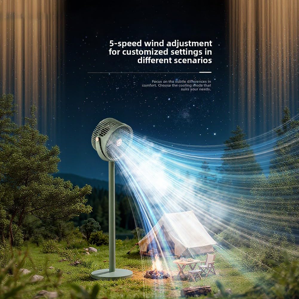 EasyByMall Ventilatore solare portatile da terra con regolazione verticale a 360°, ventilatore da pavimento a batteria ricaricabile a 5 velocità con luce LED per campeggio, casa, ufficio all'aperto