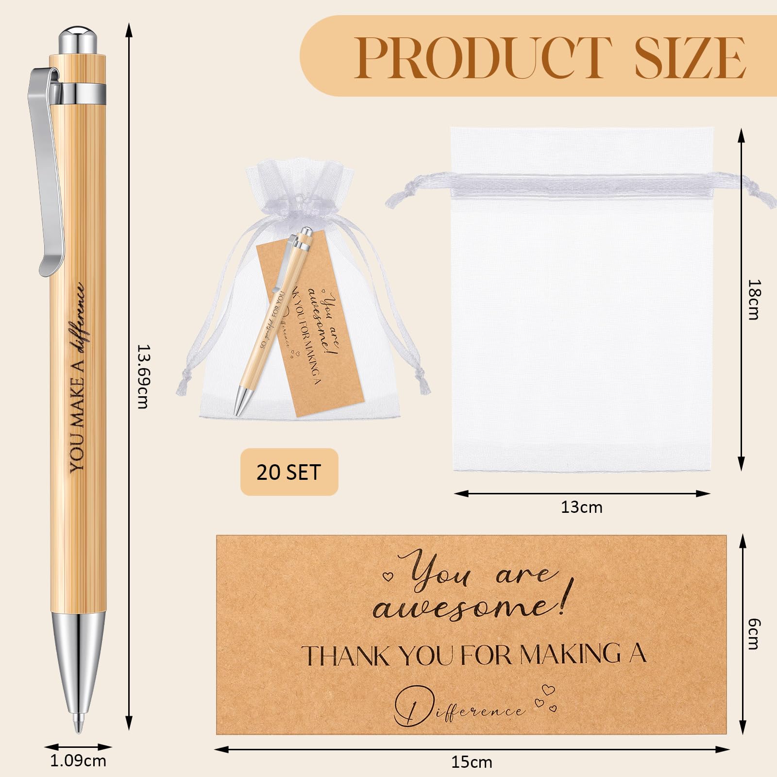 Tenare 60 Pcs Thank You Gift for Colleague Inspirational Bamboo Ballpoint Pen Thank You Card with Organza Bag Motivational Pen Appreciation Gifts for Employee Coworker Office Teacher Volunteer - Image 2