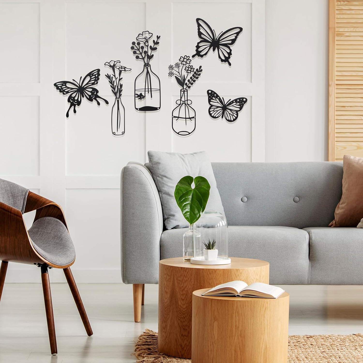 Wesiti 12 Pcs Metal Butterfly and Flowers Wall Decor Black Metal Vase Wall Art Hanging Butterfly Wall Decoration Iron Flower in Vase Wall Sculpture for Bedroom Living Room Christmas Kitchen Bathroom