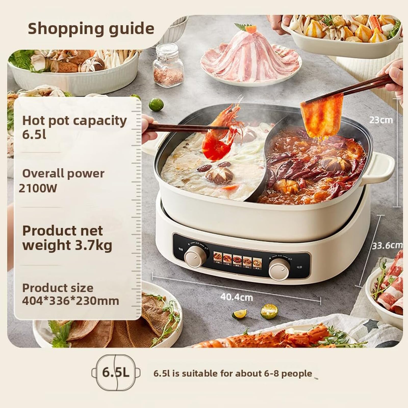 Pentola Elettrica, Pentola Elettrica Multifunzione con Controllo a Doppia Zona, Capacità Grande da 6L per 6-8 Persone, Potenza 2100W