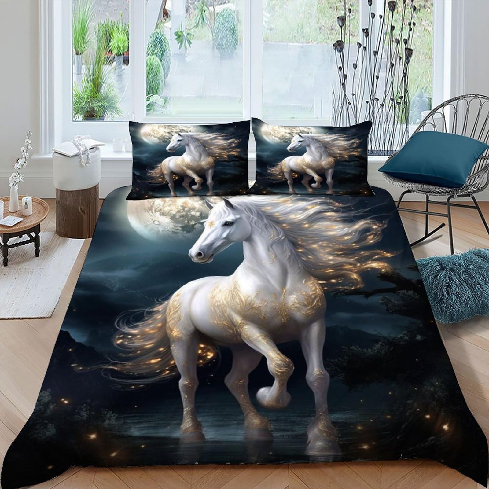 Housse de couette cheval blanc sans repassage fermeture éclair
