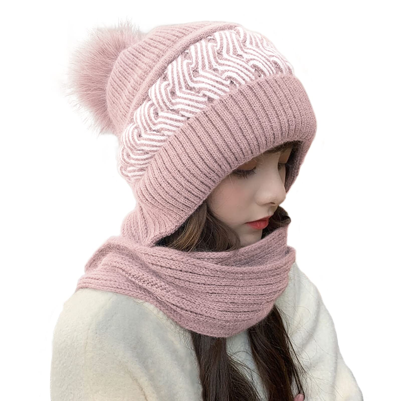 Haqafwomens Winter Hats Scarf All In One Beanie Hats Pompom