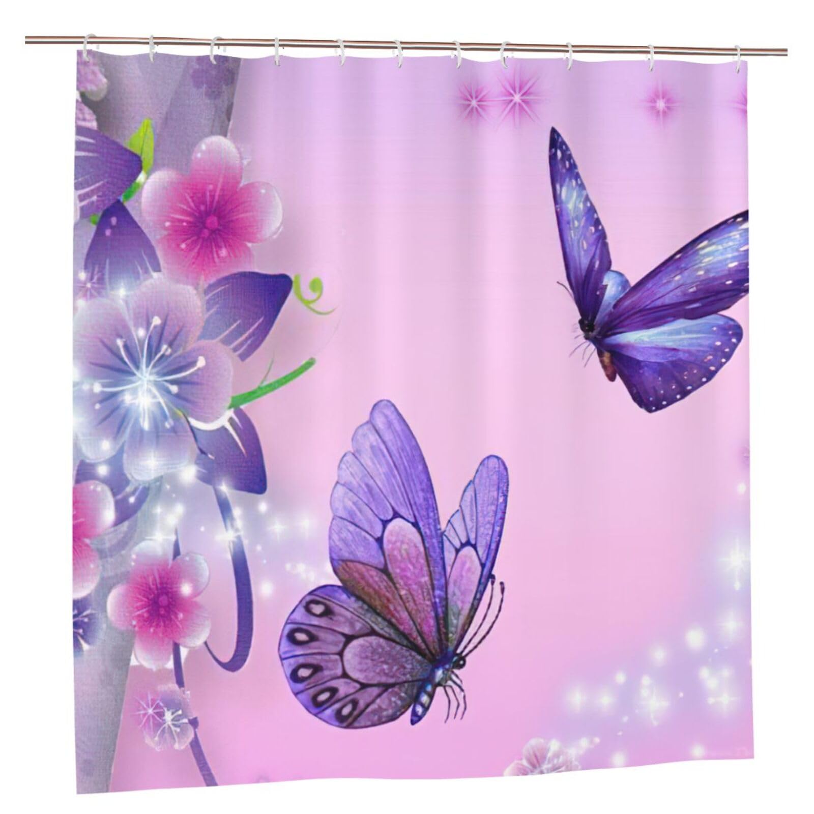Rideau de douche anti-rouille et bouton-pression rose papillon 183cm