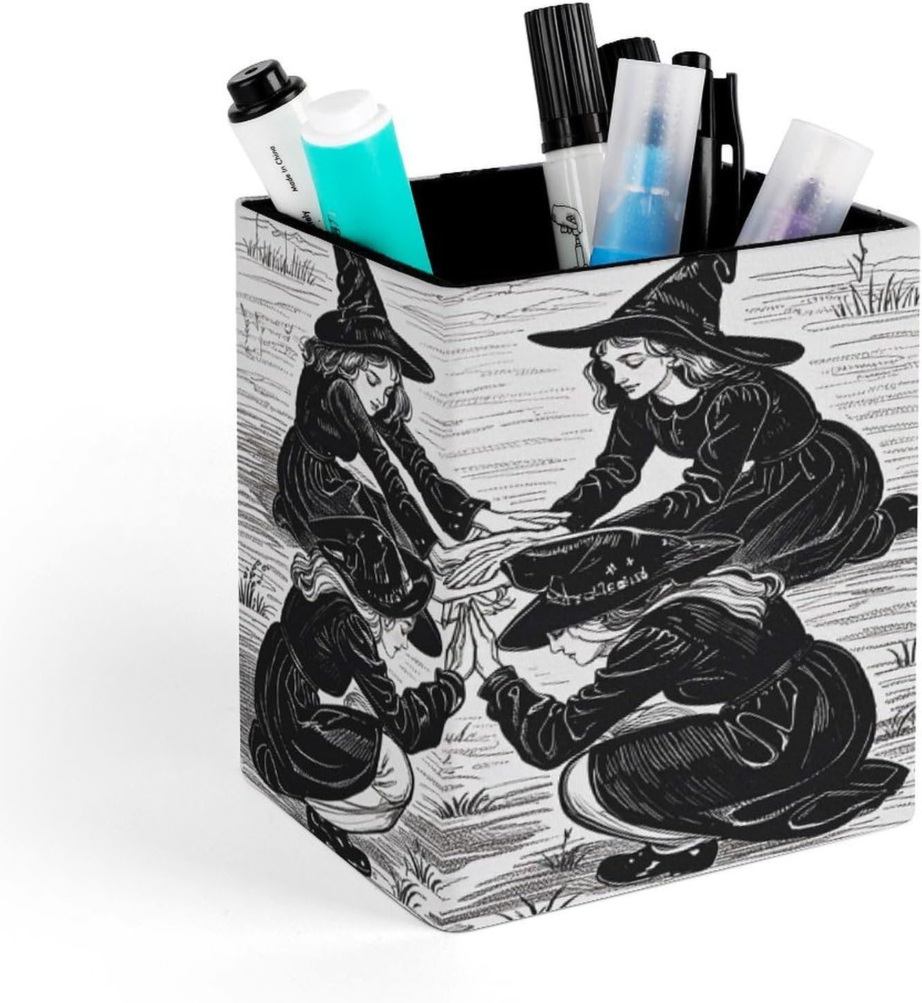 PU Leather Pen Holder Witch Prayed Desk Organizer Storage Cup