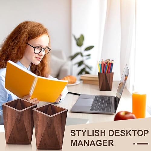 Miniatura 4 de Henoyso 2 soportes de madera para lápices, soporte geométrico para lápices, organizador de maquillaje para escritorio, hogar, oficina, adultos
