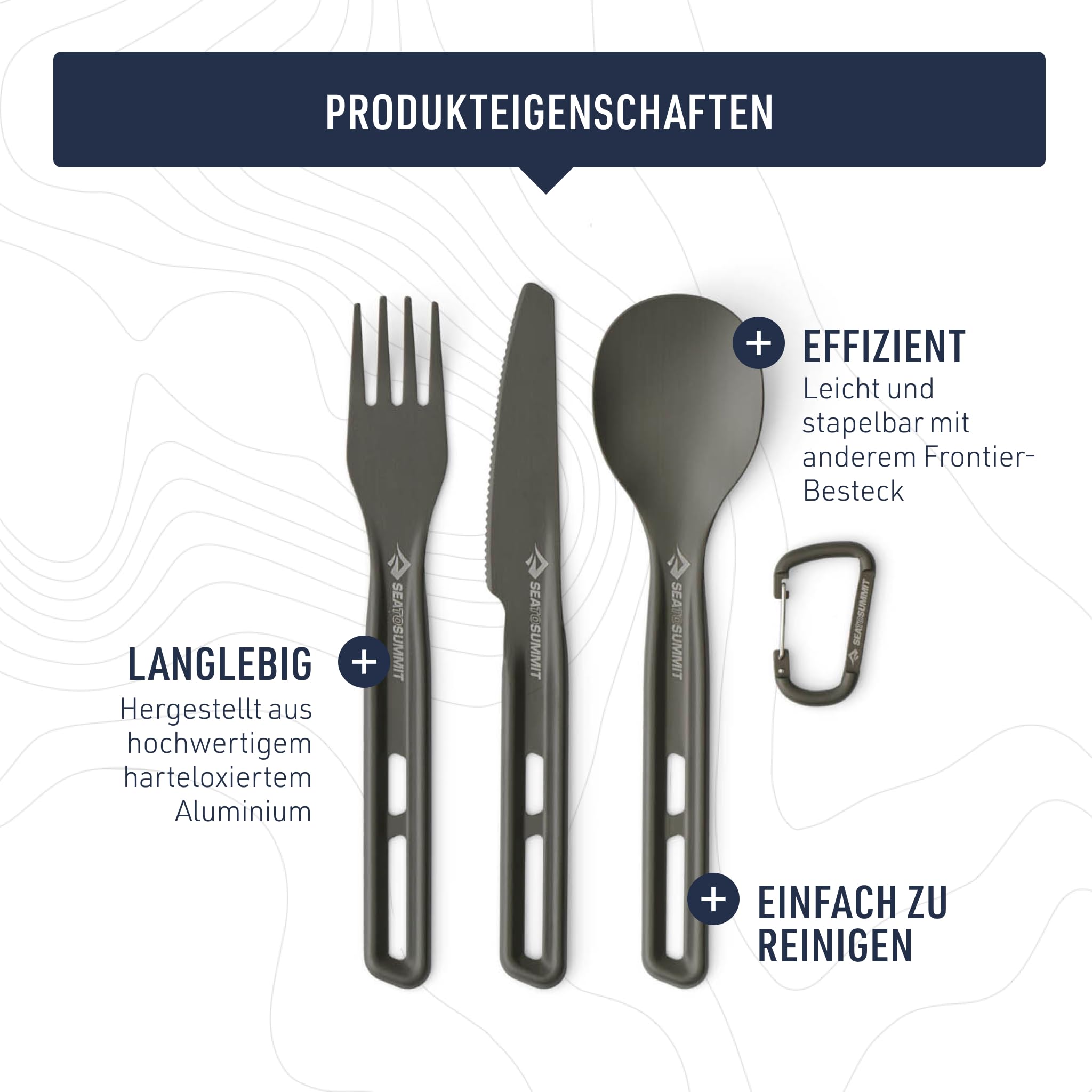 SEA TO SUMMIT - Frontier Ultraleichtes Besteckset - 1 Person, 3-teilig - Camping-Gabel, Löffel & Messer + Karabiner - Leicht - Campinggeschirr aus harteloxiertem Aluminium - Glatt & Mattiert - 26 g